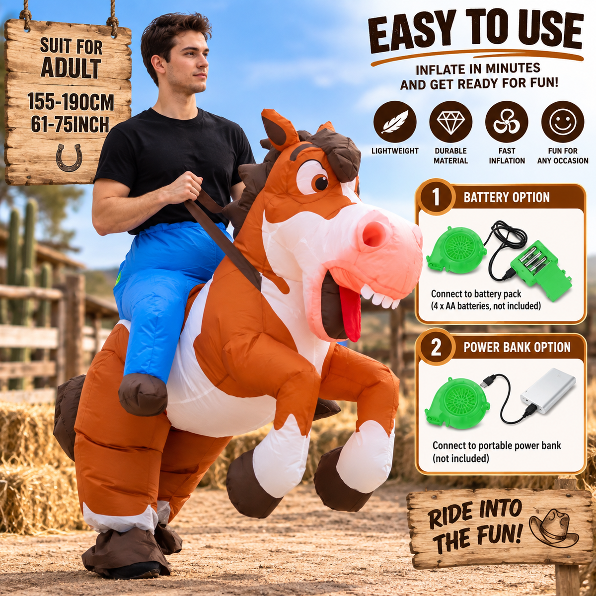 Ride-A-Horse Inflatable Cowboy Costume – Adult Western Party Costume