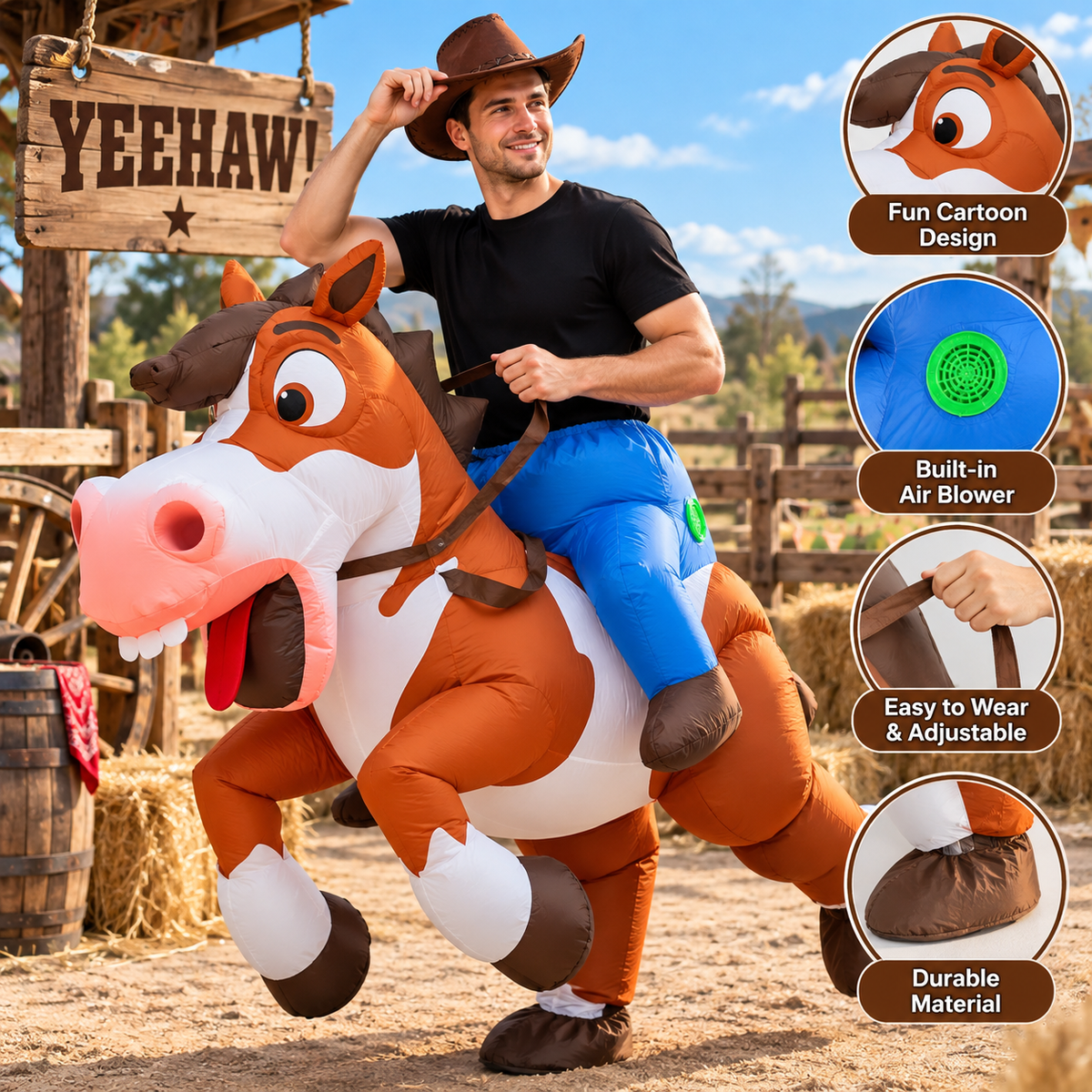 Ride-A-Horse Inflatable Cowboy Costume – Adult Western Party Costume